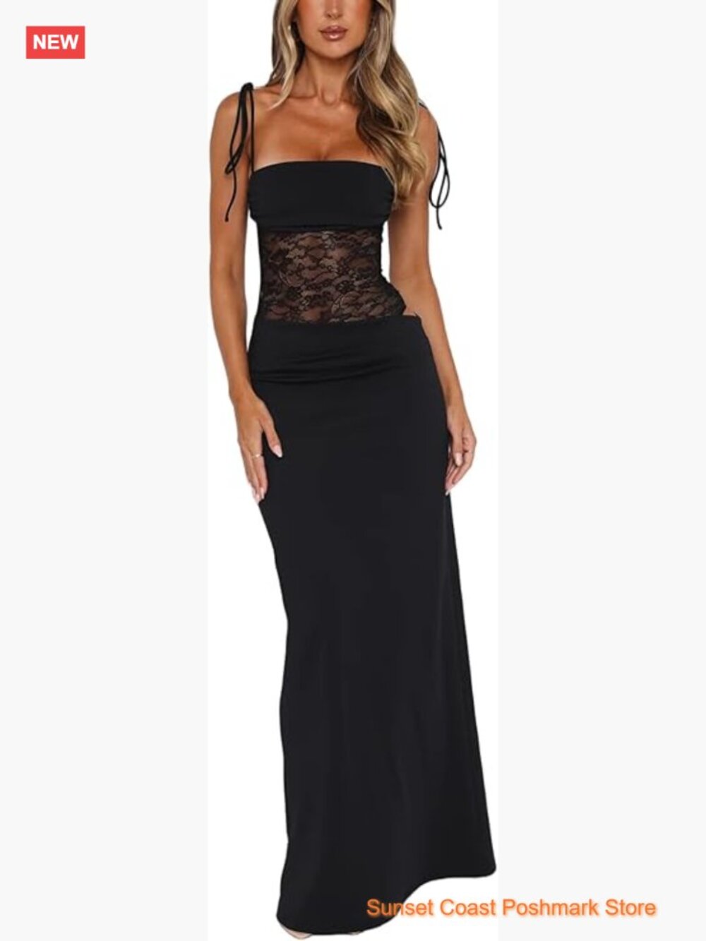 Lace Splicing Cutout Maxi Dress Square Neck Sleeveless Bodycon Sheer Corset